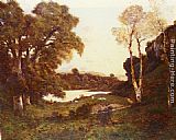 Henri-Joseph Harpignies Goats grazing beside a lake at sunset painting
